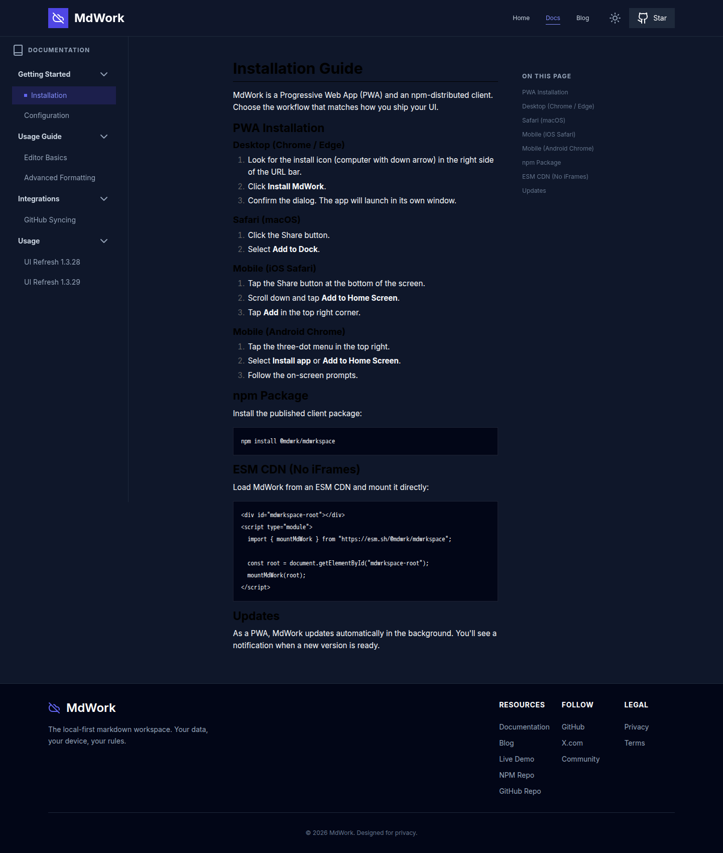 MdWrk docs view with the modernized navigation and content layout
